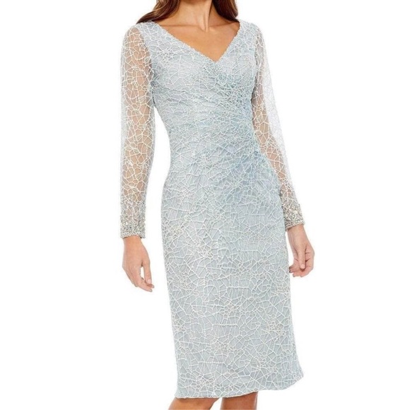 Mac Duggal long sheer sleeves V neck midi dress - Picture 5 of 15